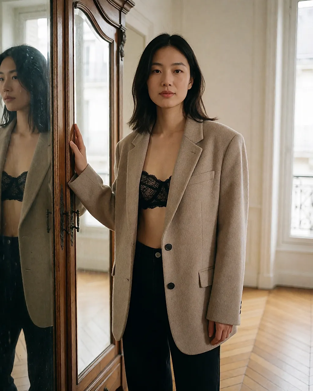 Ein Set aus schwarzer Spitze, getragen unter einem beigen Oversize-Blazer, in einer Pariser Wohnung