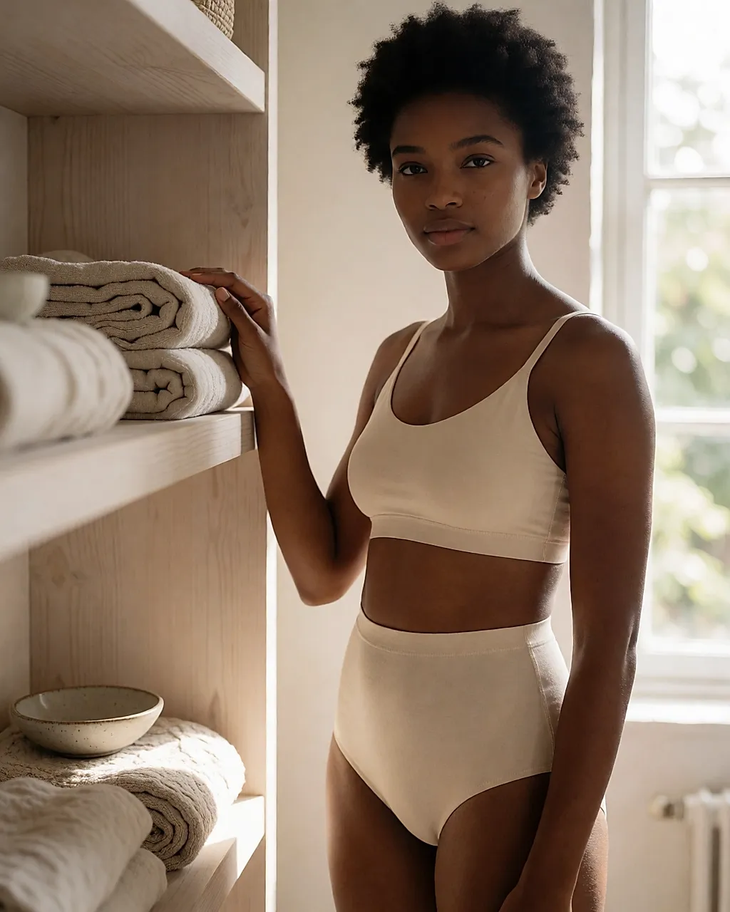 Ein Set aus recycelter Spitze in Sandbeige, getragen neben einem Regal mit Textilien