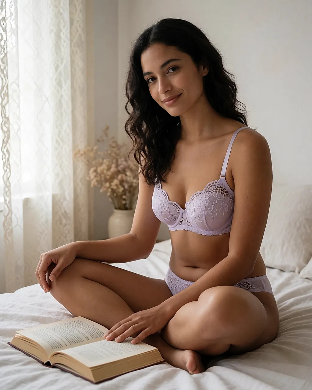 Ein lila Set mit Häkeloptik-Stickerei und Satinband-Trägern, auf einem Bett