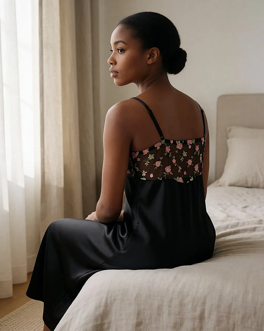 Black woman seen from behind, low bun, wearing a black silk nightdress with a floral-embroidered tulle panel, at the edge of a bed