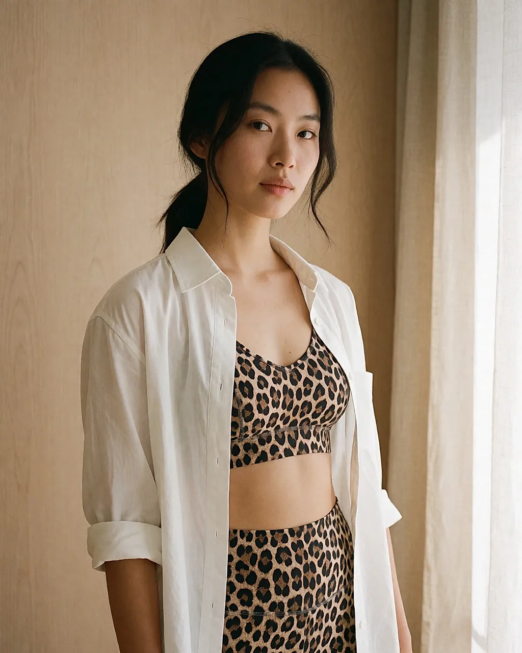 Asian woman in a leopard-print bra and briefs under an open white shirt, in a light-wood dressing room