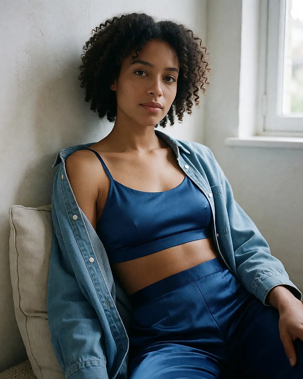 Mixed-race woman in a satin indigo-blue set, bra and high-waisted knickers, sitting on the floor against a pale wall