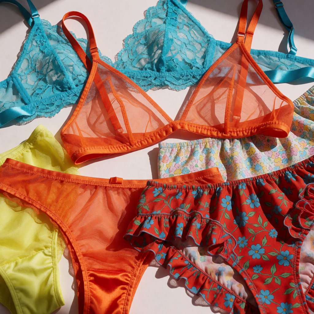Ensemble en tulle orange, dentelle turquoise et imprimés fleuris aux couleurs acidulées