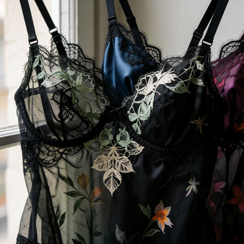 Dentelle noire brodée, satin bleu nuit et tulle fumé en gros plan éditorial