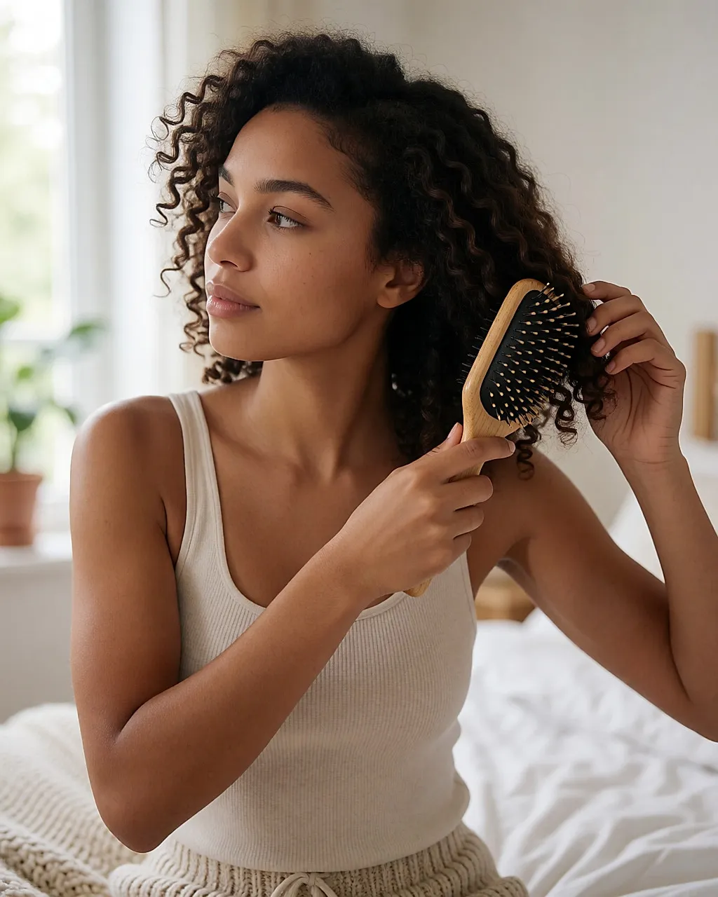 Eine Bürste mit Naturborsten, die Spitzen entwirrt, ohne die Haare zu brechen