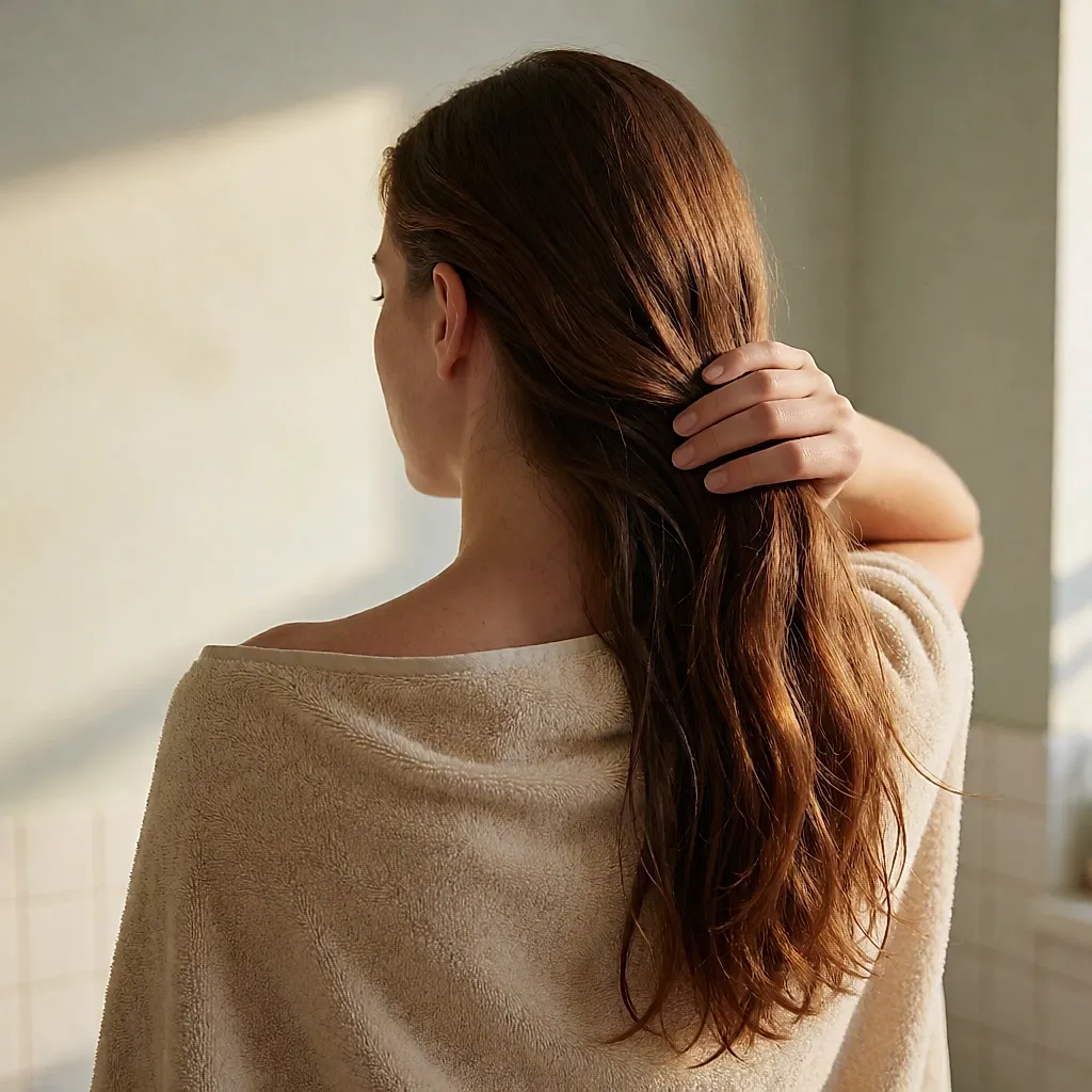 Des mains appliquent un bain d'huile doré sur les longueurs des cheveux