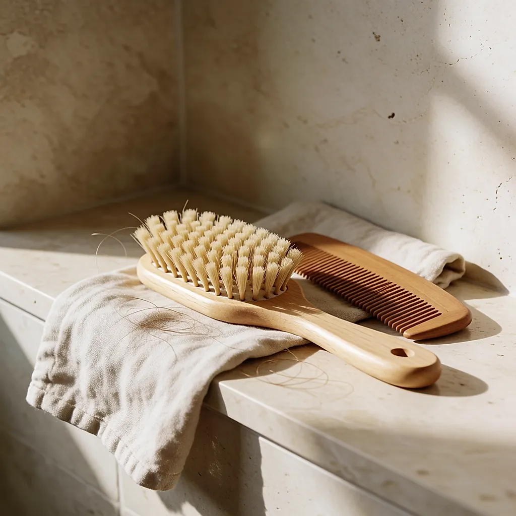 Une brosse en poils naturels et un peigne en bois posés sur un linge de lin