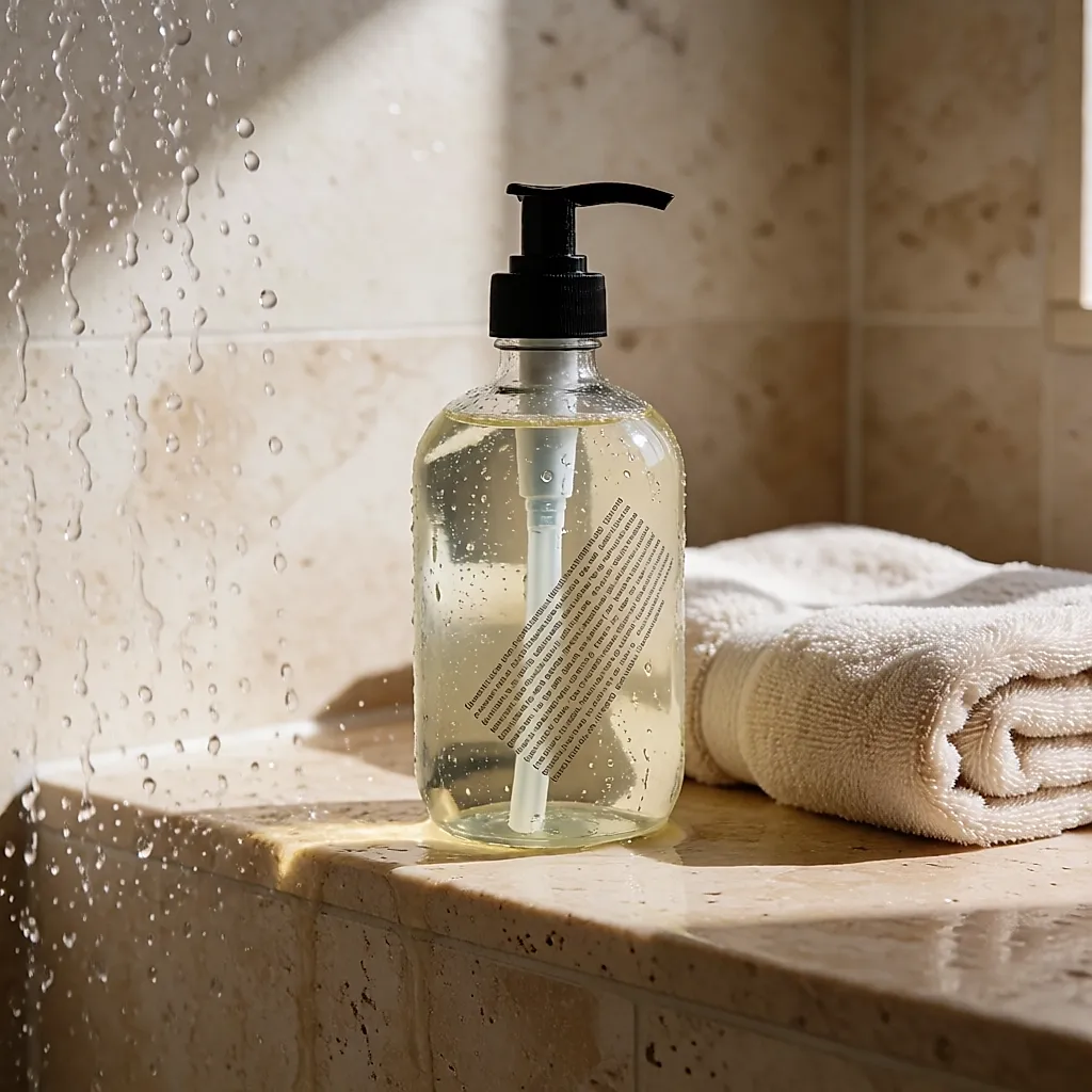Un flacon pompe de shampooing doux posé sur une étagère de pierre humide