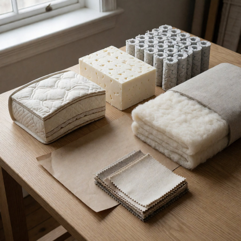 Cross-section of a mattress on a workbench: latex block, pocket springs, wool and cotton fillings, natural fabric samples