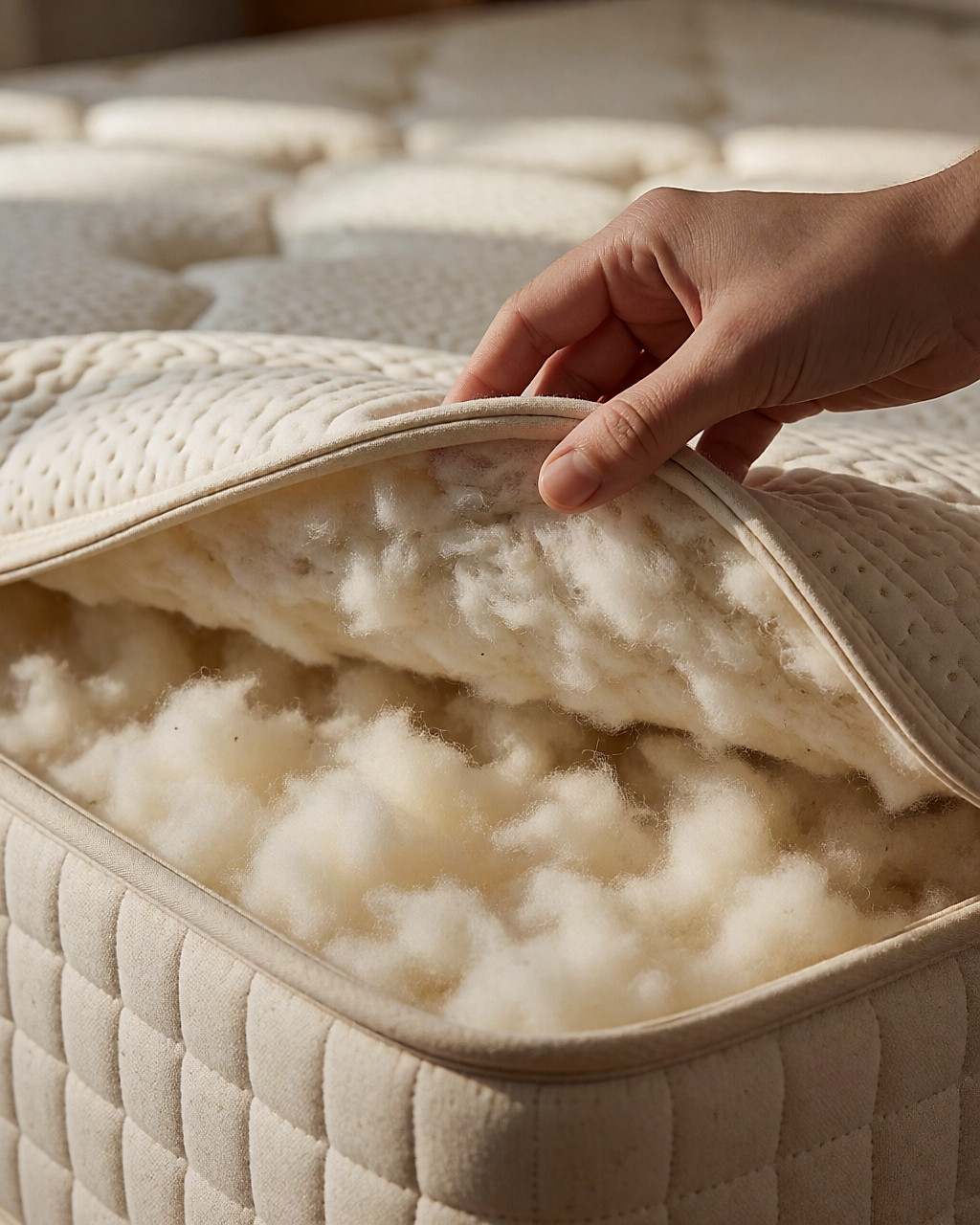 Close-up of virgin wool and natural latex revealed beneath a mattress cover