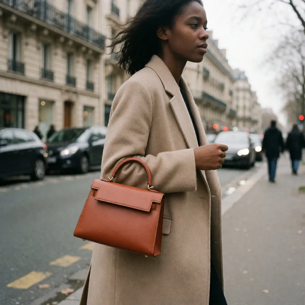 Jeune femme noire marchant dans une rue parisienne, un petit sac structuré en cuir fauve à anse courte à la main