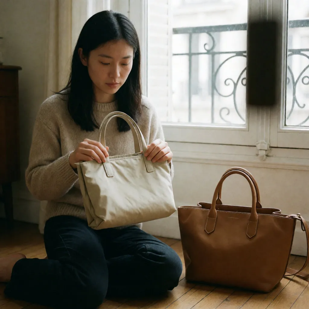 Jeune femme asiatique assise près d'une fenêtre, un cabas plié entre les mains, un sac en cuir posé au sol