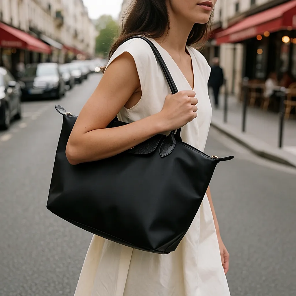 Une femme porte un sac à main en cuir noir Longchamp au bras, dans une rue parisienne