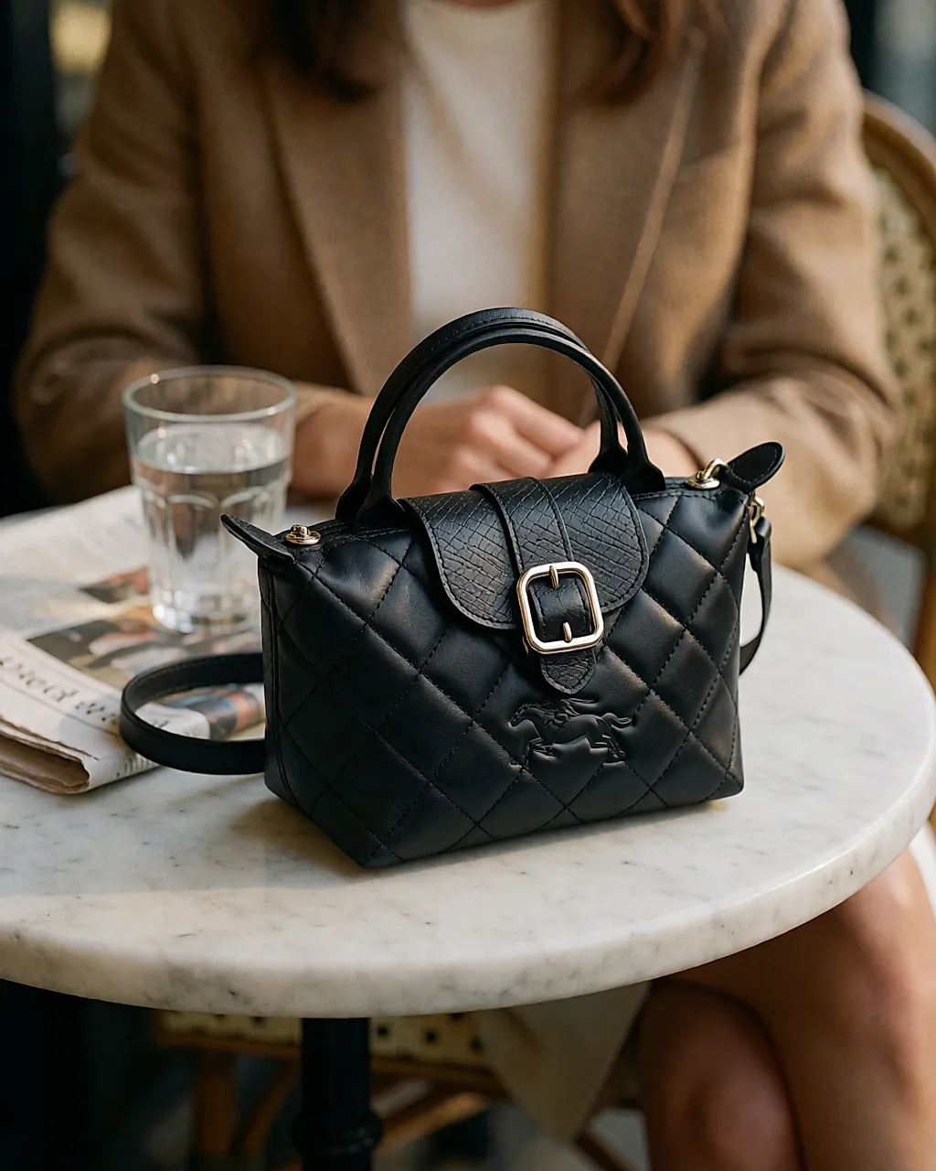 Un pequeño bolso Longchamp de cuero acolchado negro con una hebilla grande, sobre una mesa de café
