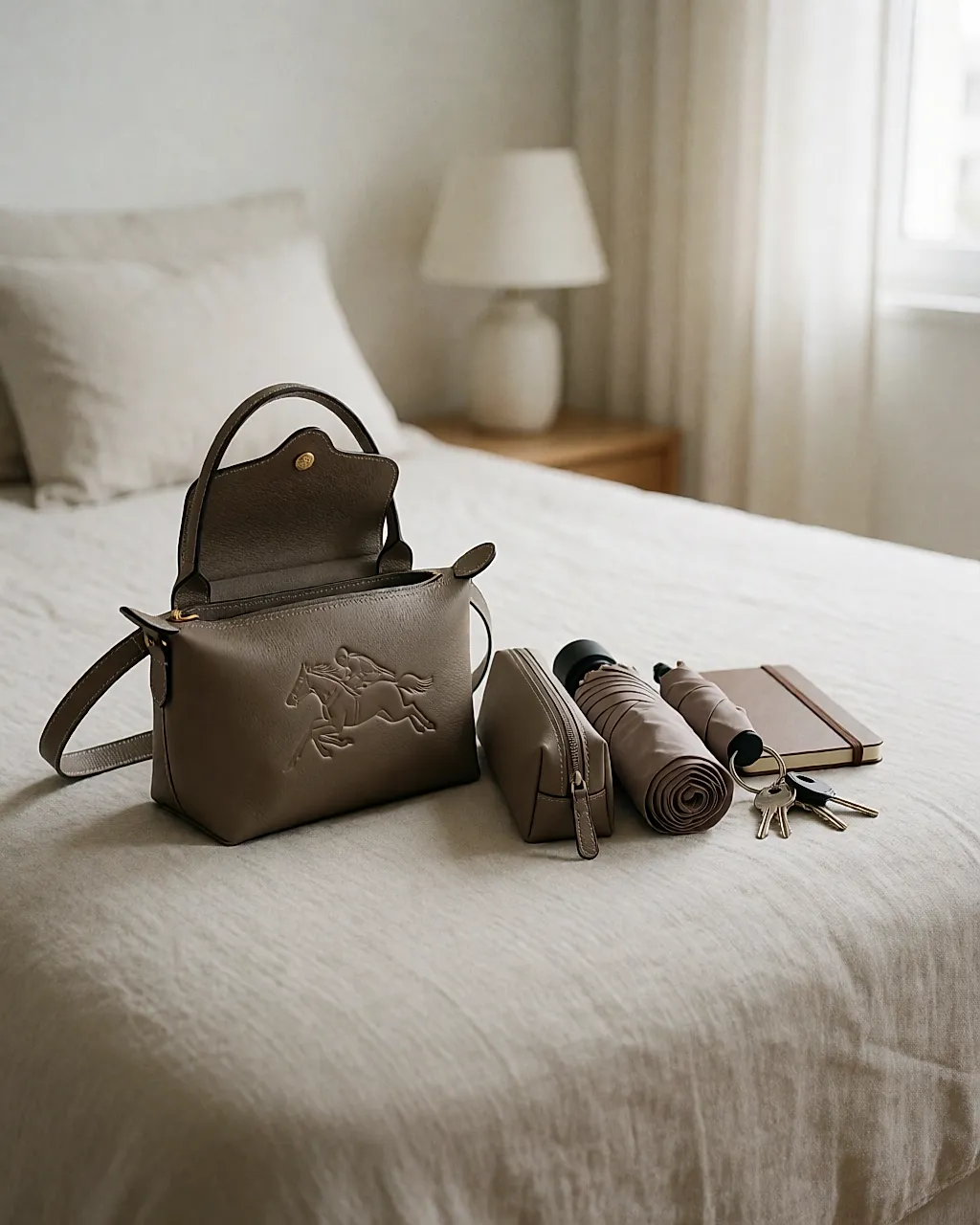 Un pequeño bolso Longchamp de cuero abierto sobre una cama, rodeado de lo que lleva en el día a día