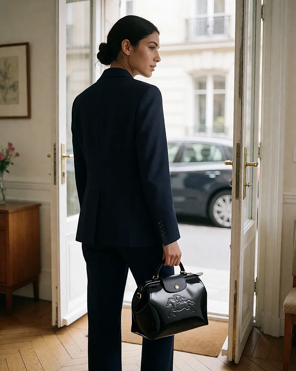 Une femme tient à la main un sac Légende Longchamp en cuir verni noir, dans une entrée