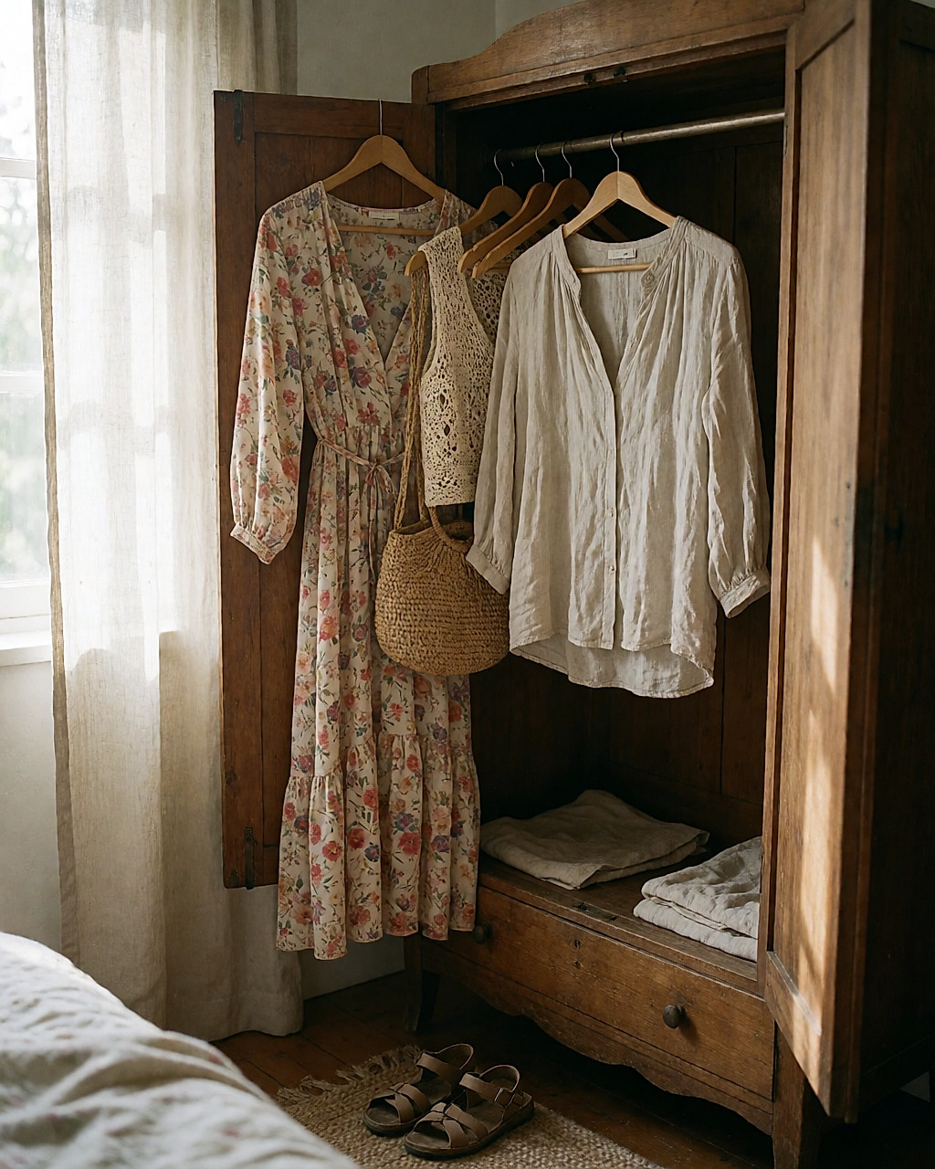 Armoire ouverte remplie de robes fluides, chemise en lin, gilet en crochet et sac en raphia