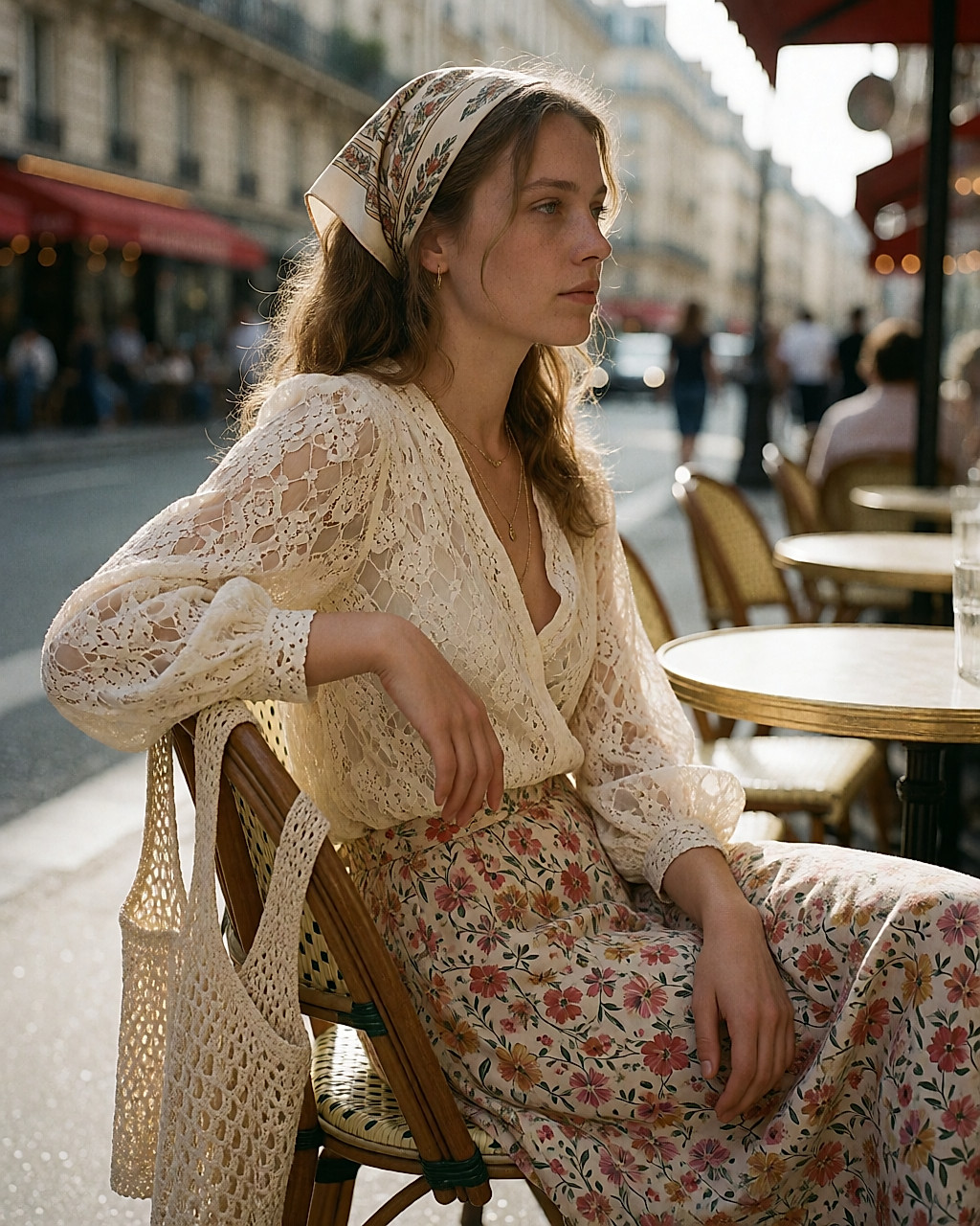 Femme assise en terrasse, blouse en dentelle à manches ballon et longue jupe fleurie