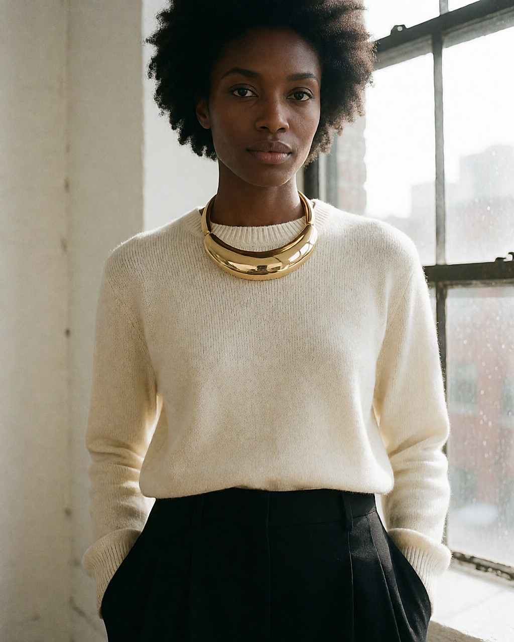 Femme en tenue sobre portant un imposant collier doré, une seule pièce forte