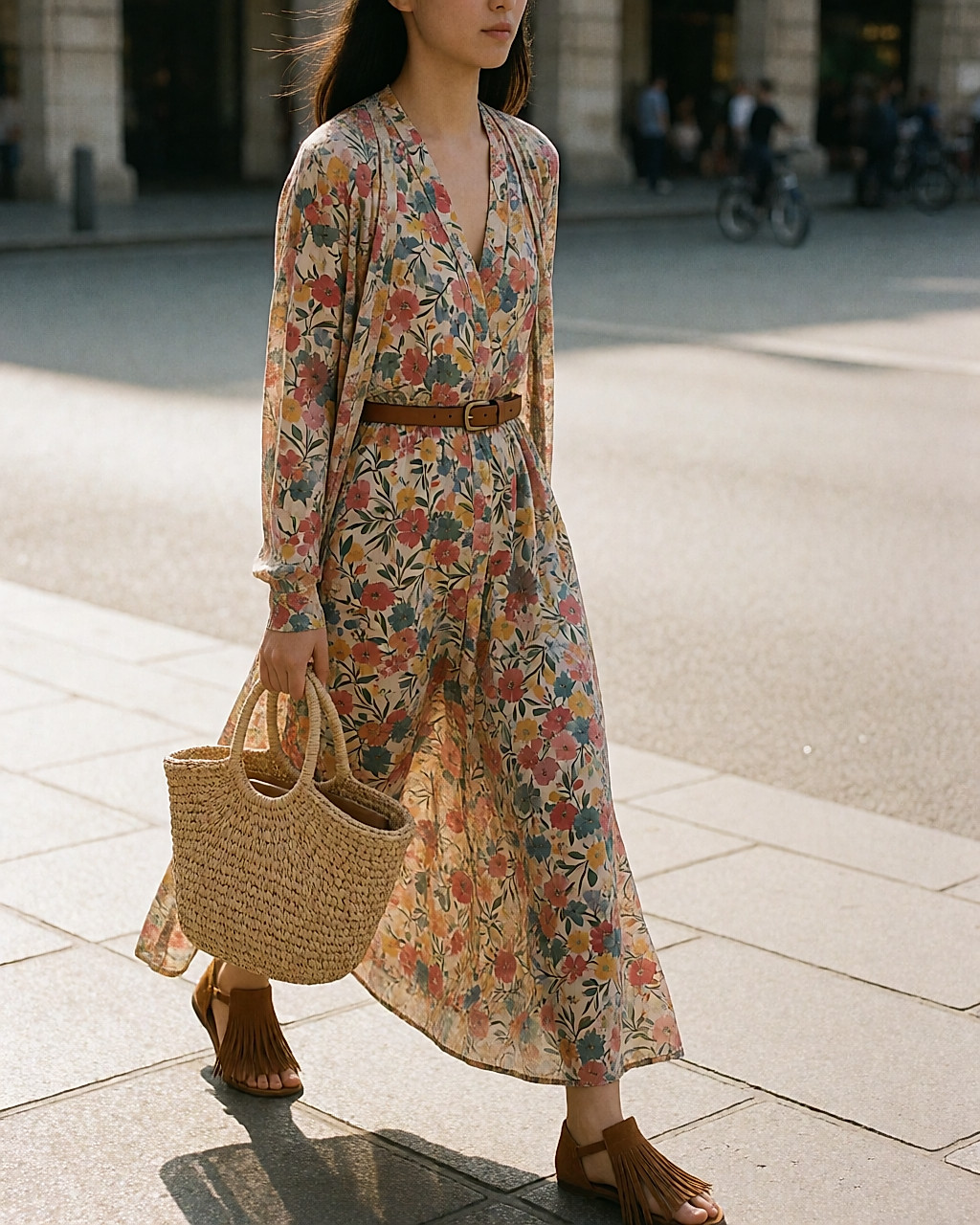 Robe maxi ceinturée, gilet fin, sac en raphia et sandales à franges, en rue
