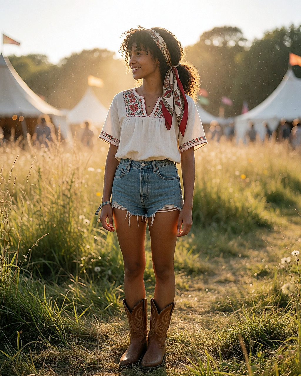 Look festival : short en jean effiloché, bottes en cuir et foulard imprimé