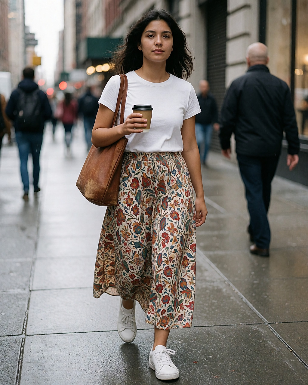 Jupe longue imprimée, tee-shirt blanc et baskets, portés en ville la semaine