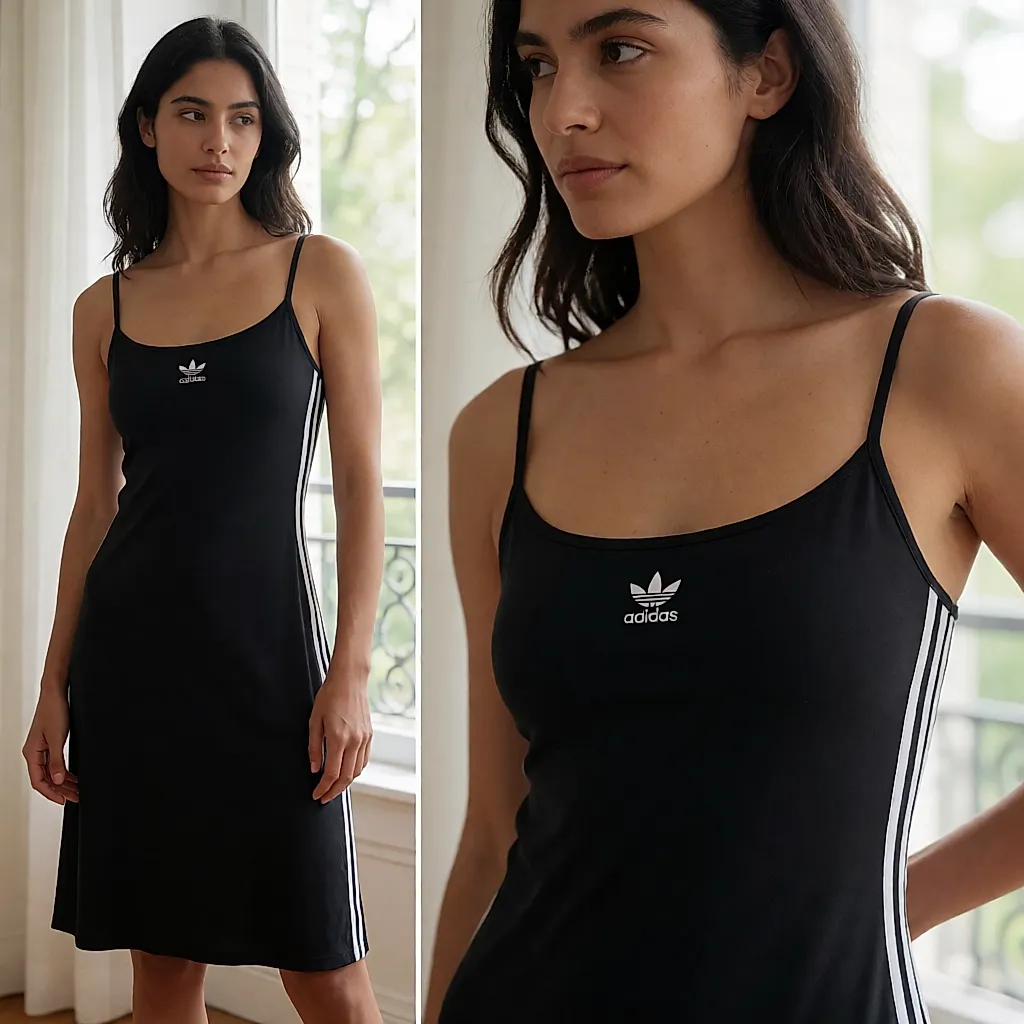 Vestido Adidas preto vestido, três riscas e trevo visíveis