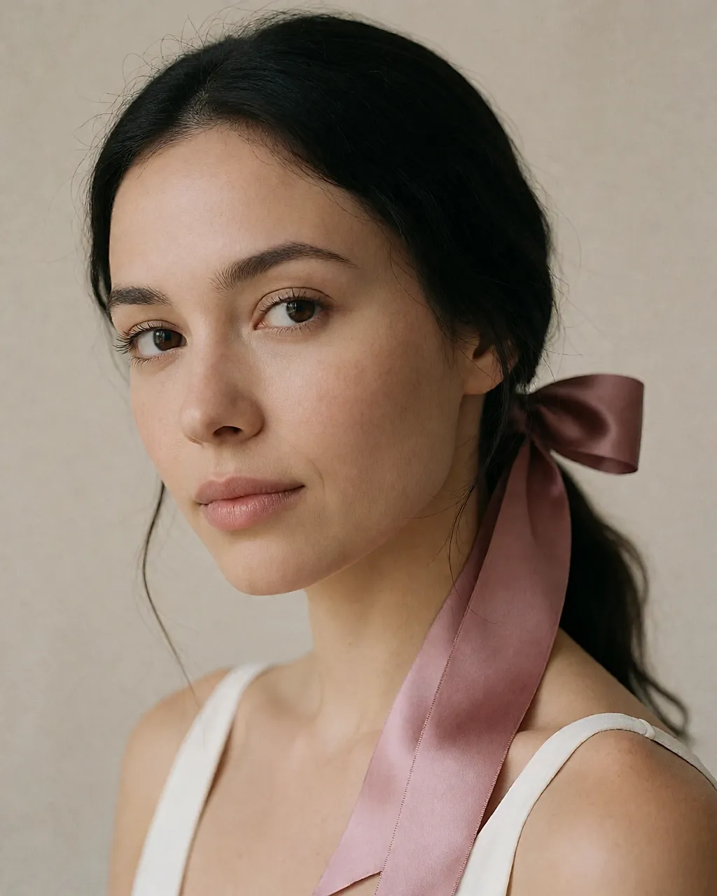 Fita de cetim rosa atada no cabelo, em detalhe sobre um penteado