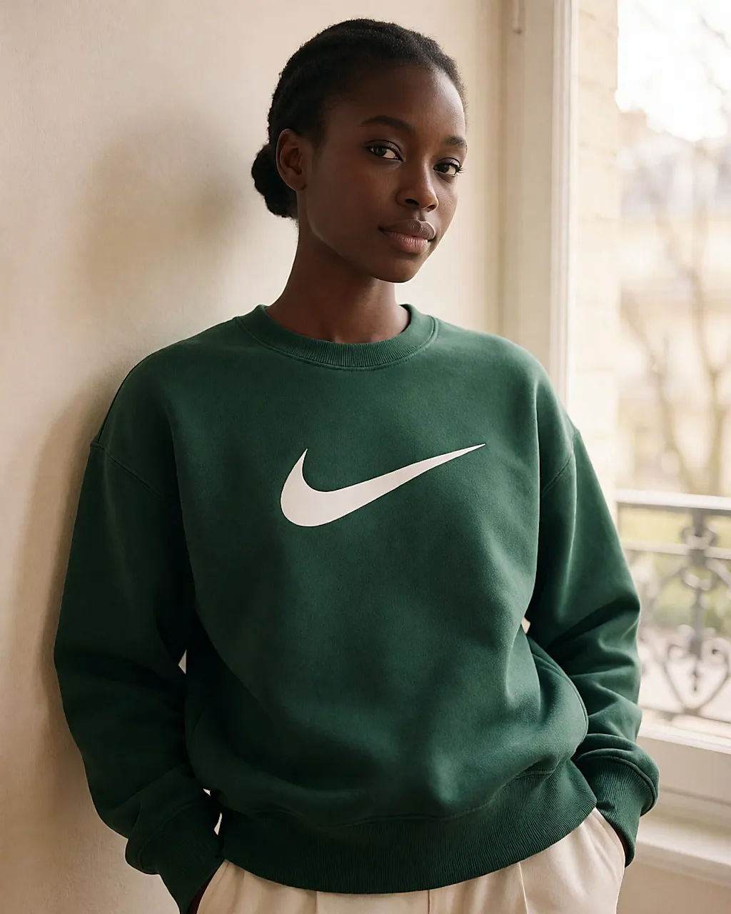 Sweatshirt Nike verde vestido, emblema Swoosh visível no peito