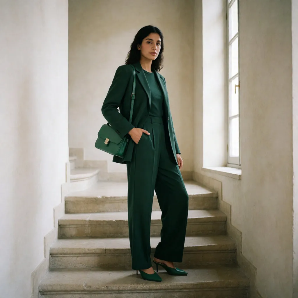 North African woman in a deep-green tonal look, blazer and fluid trousers, on an indoor staircase