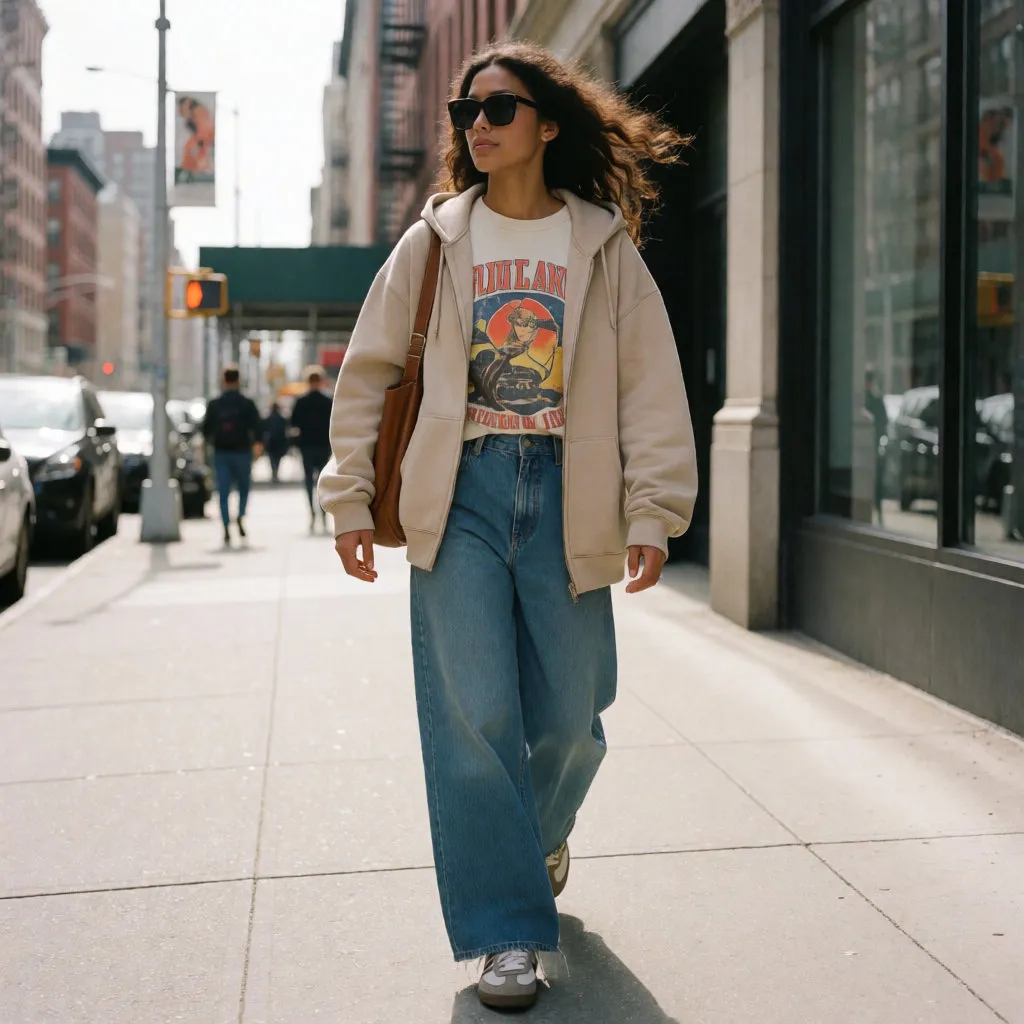 Young Latina woman in an oversized sweatshirt, wide-leg jeans and XXL sunglasses, walking down the street