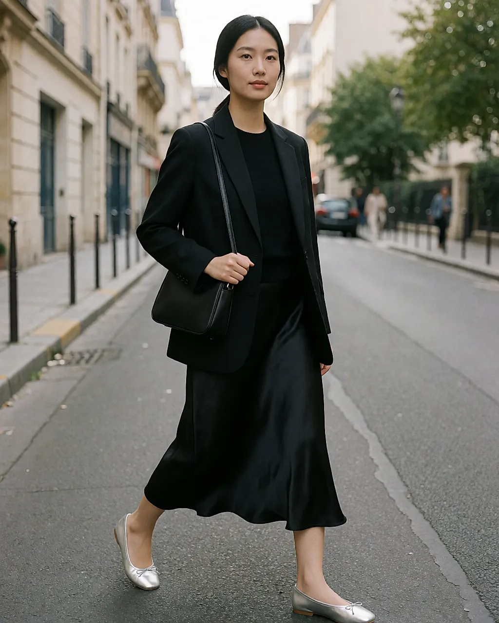 Black satin skirt and silver ballet flats worn in the daytime on a pavement