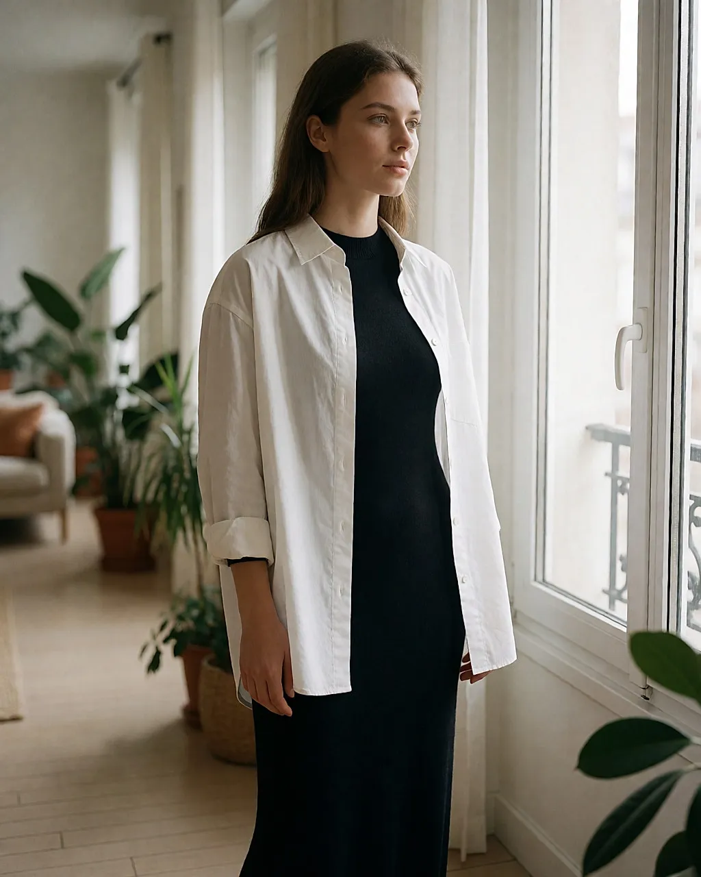 Black merino wool knit dress worn under an open white shirt