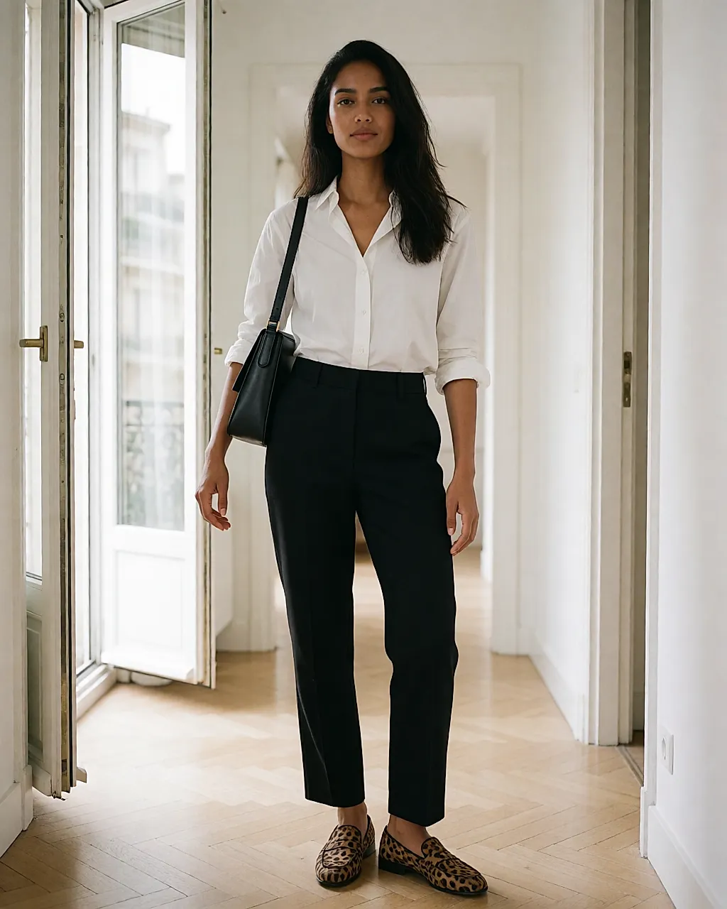 Straight black trousers and white shirt lifted by a leopard touch at the feet
