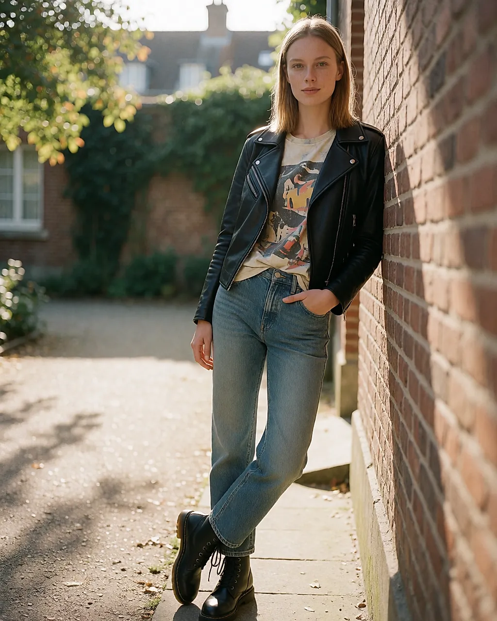 Printed tee tucked in at the front, straight jeans and a leather jacket in a courtyard