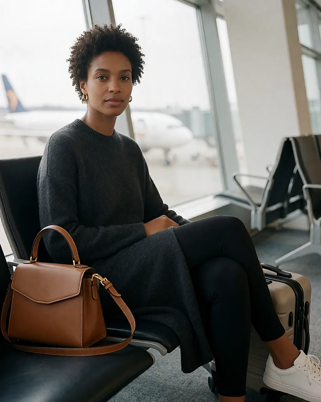 Traveller seated in an airport lounge in a knitted tunic and matte leggings