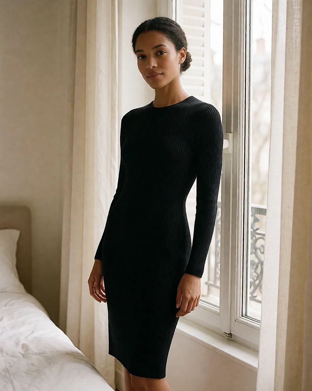 Black merino wool knit dress worn alone, three-quarter view in a bright room