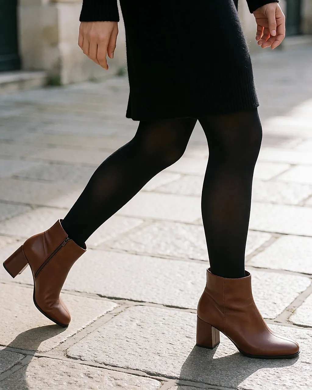 Leather block-heeled boots worn with opaque tights on a pavement