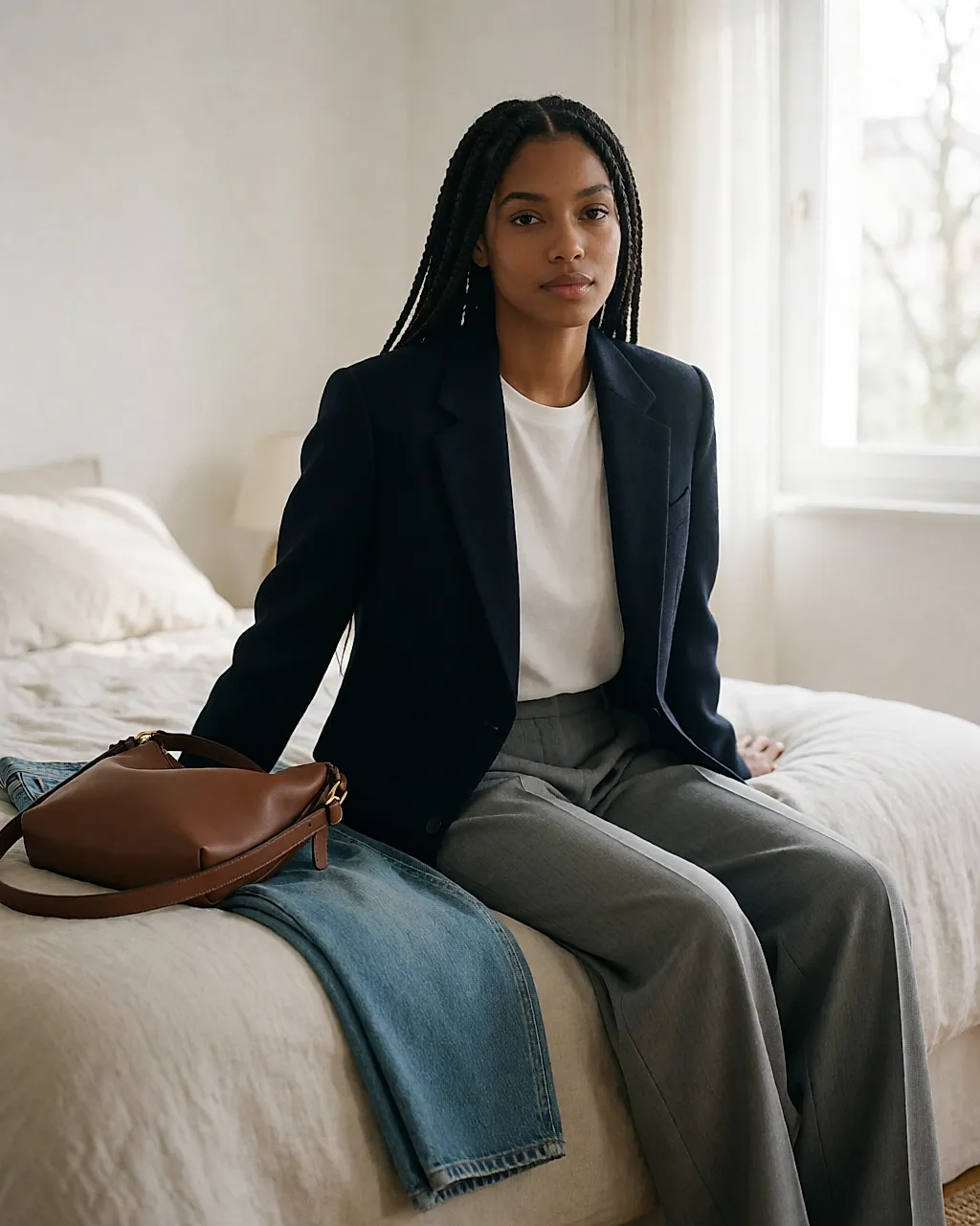Wool blazer, raw denim and a leather bag laid out beside her on the bed