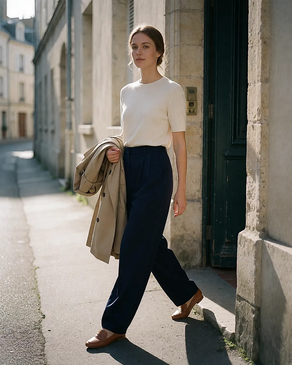 Leaving the building in the morning, a simple, spot-on outfit, coat over the arm