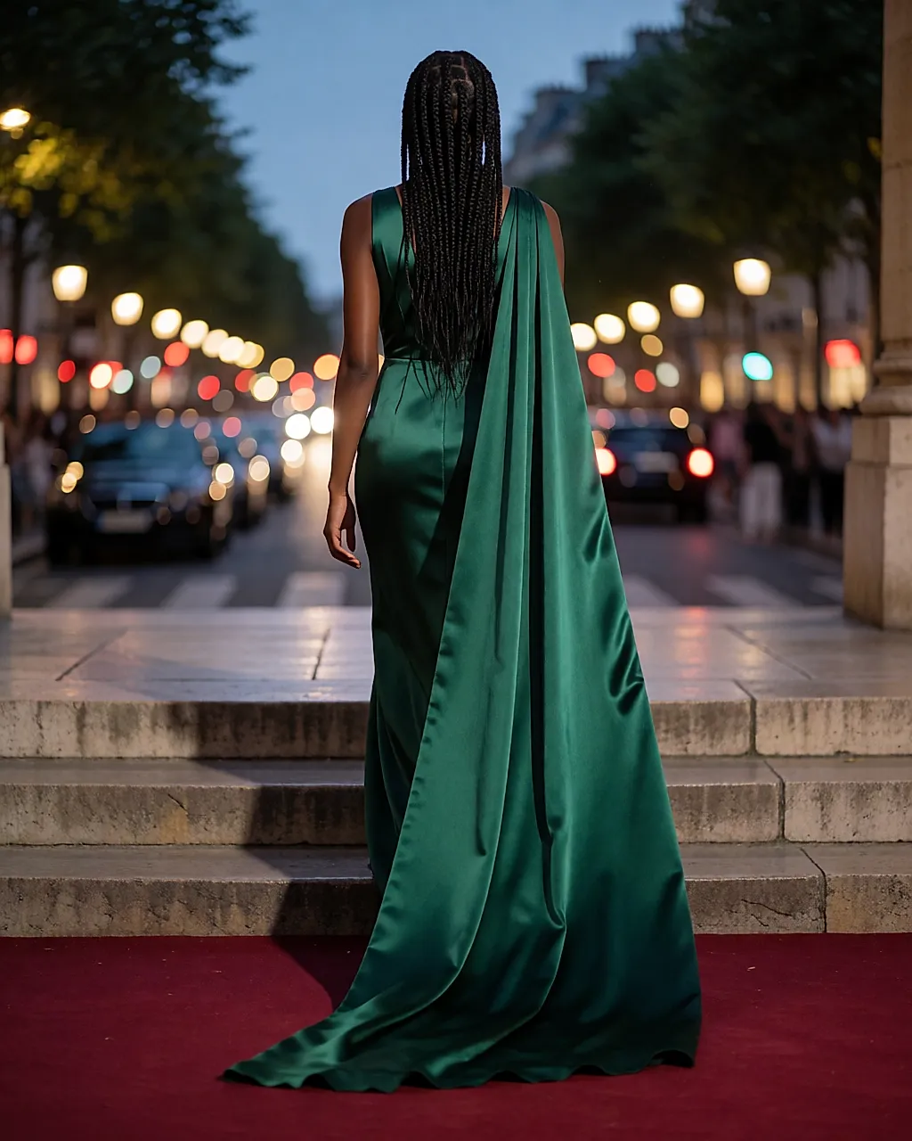 Back-view silhouette in a green satin dress on party steps