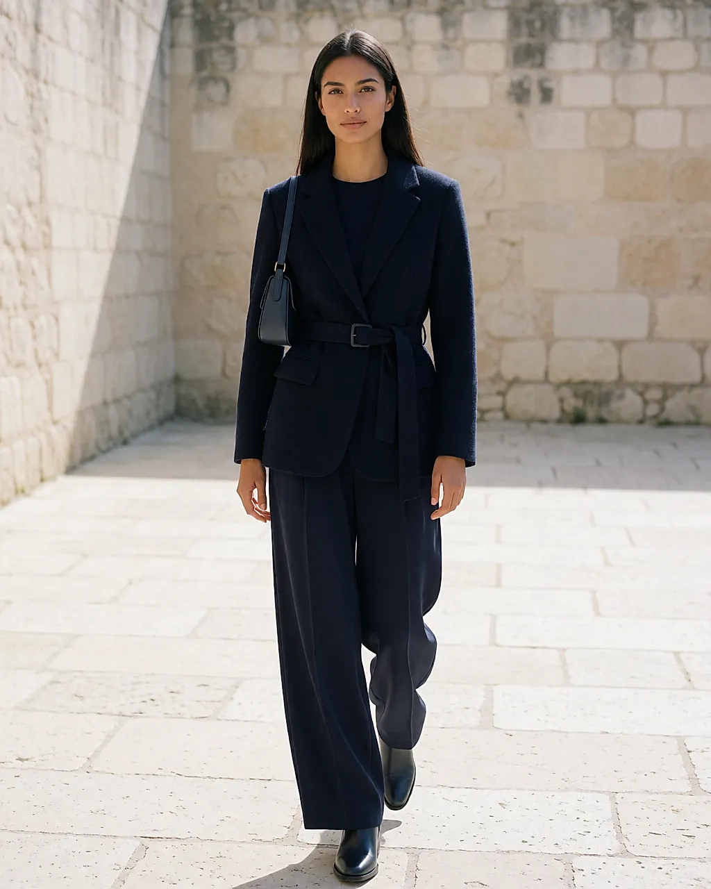 Navy head-to-toe look worn in a stone courtyard