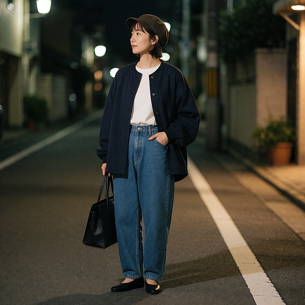 Oversized bomber, wide-leg jeans and a cap on a street lit at night