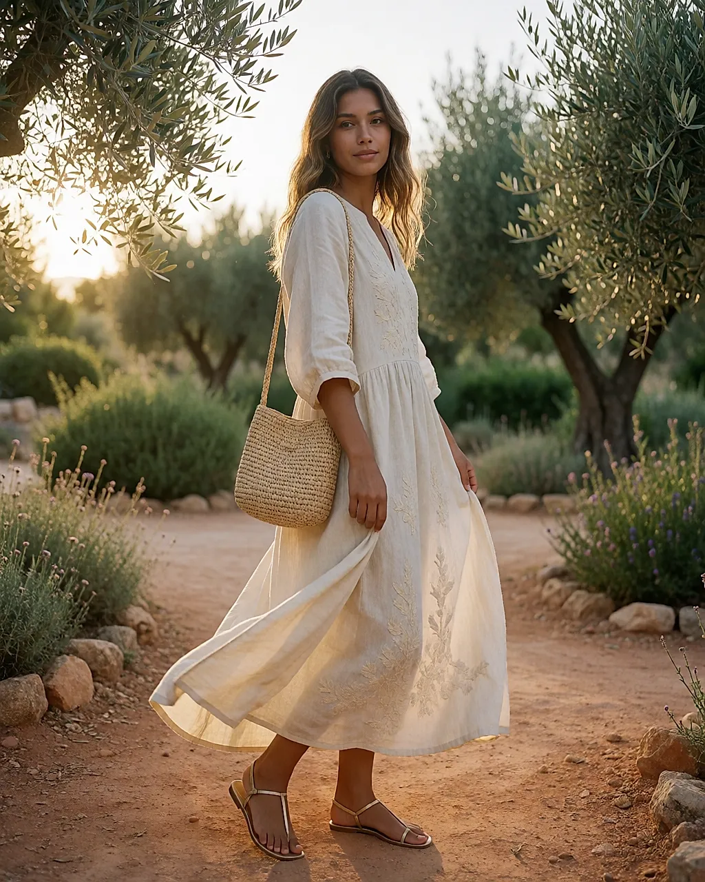 Long cream linen dress and gold sandals in a garden at sunset