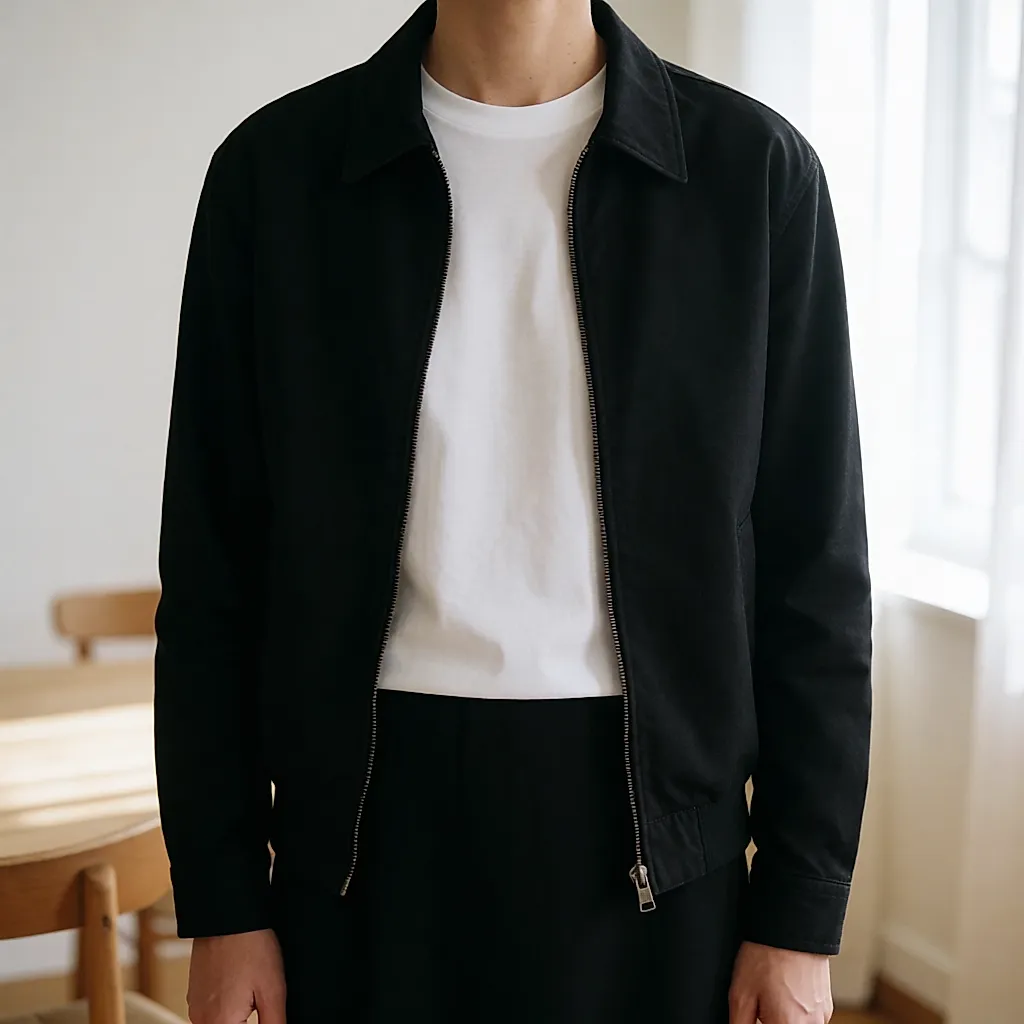 Black leather bomber worn open over a white tee, a rock look in the city