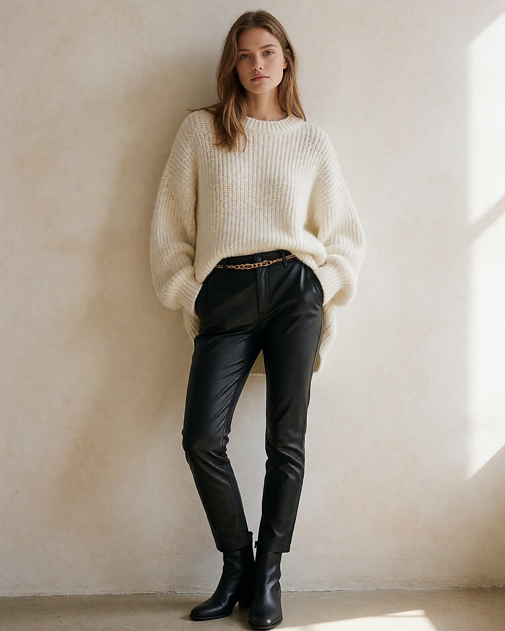 Jeune femme en pull oversize ivoire et pantalon de cuir noir, silhouette large en haut, fine en bas