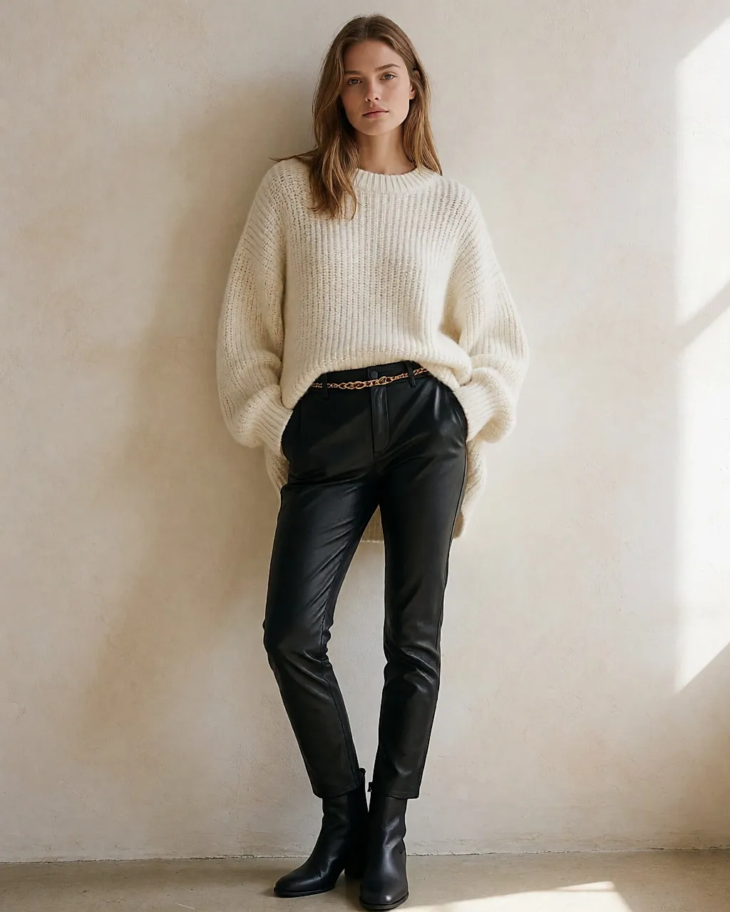 Junge Frau in oversized Pullover in Elfenbein und schwarzer Lederhose, Silhouette oben weit, unten schmal