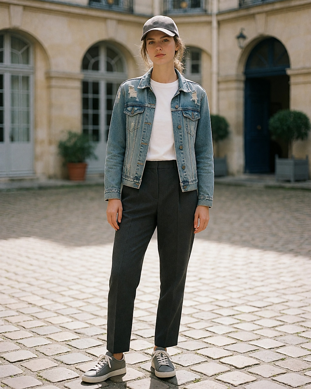 Jeune femme en veste en jean abîmée sur un tee-shirt blanc net, dans une cour
