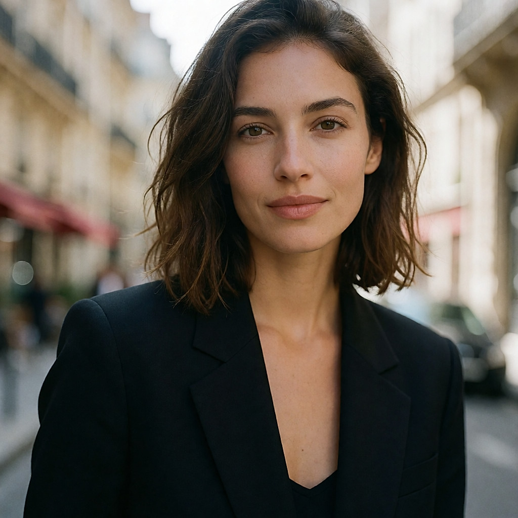 Jeune femme en blazer noir structuré sur short tailleur et baskets, en ville