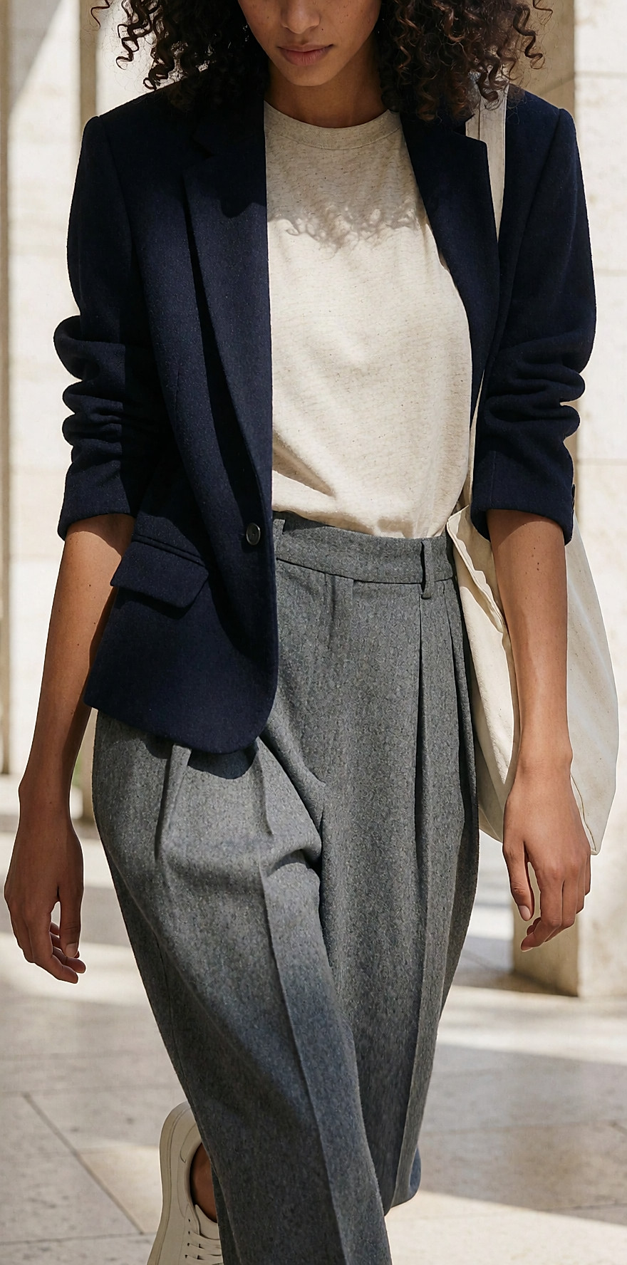 Jeune femme en blazer marine et pantalon large plissé gris avec baskets claires